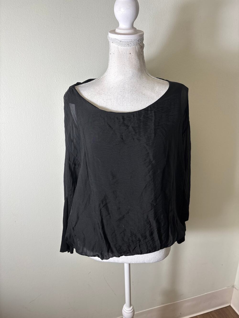 Gigi Moda Black Mixed Media Long Sleeve Blouson Style Top Sz